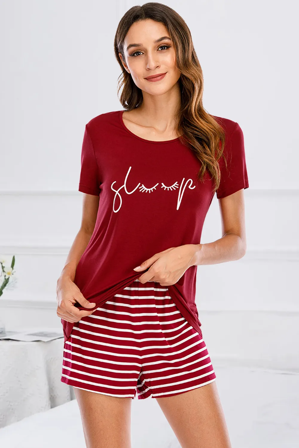 Graphic Round Neck Top and Striped Shorts Lounge Set, image 2