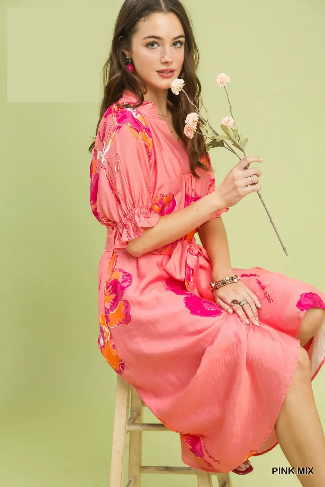 Floral Flounce Sleeve Midi Dress with Belted, image 5