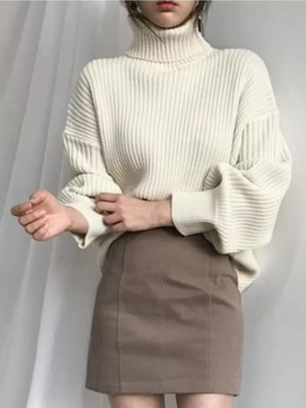 Oversized Turtleneck Ribbed Knit Sweater, image 7