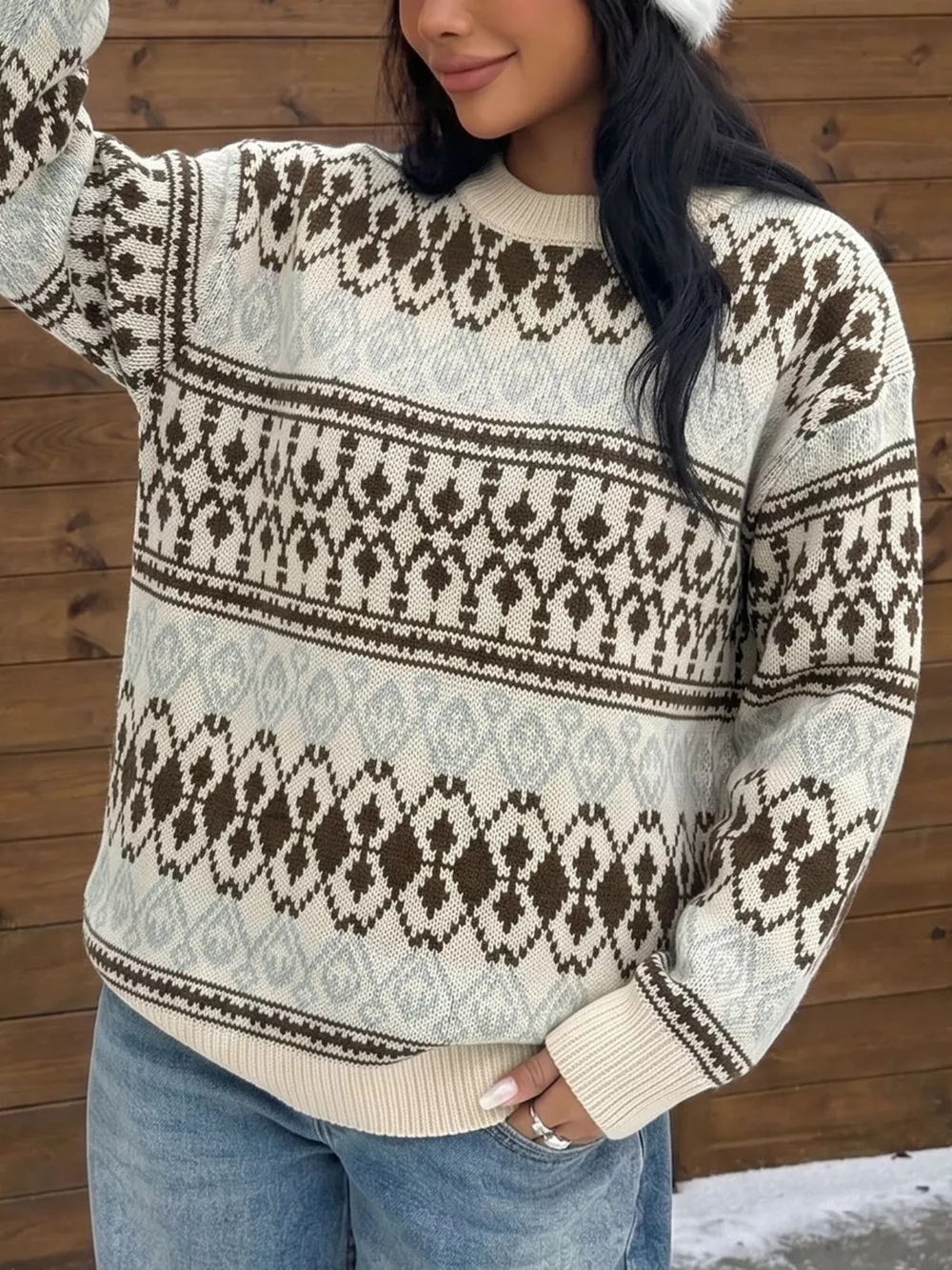 Fair Isle Pattern Crew Neck Sweater, image 3