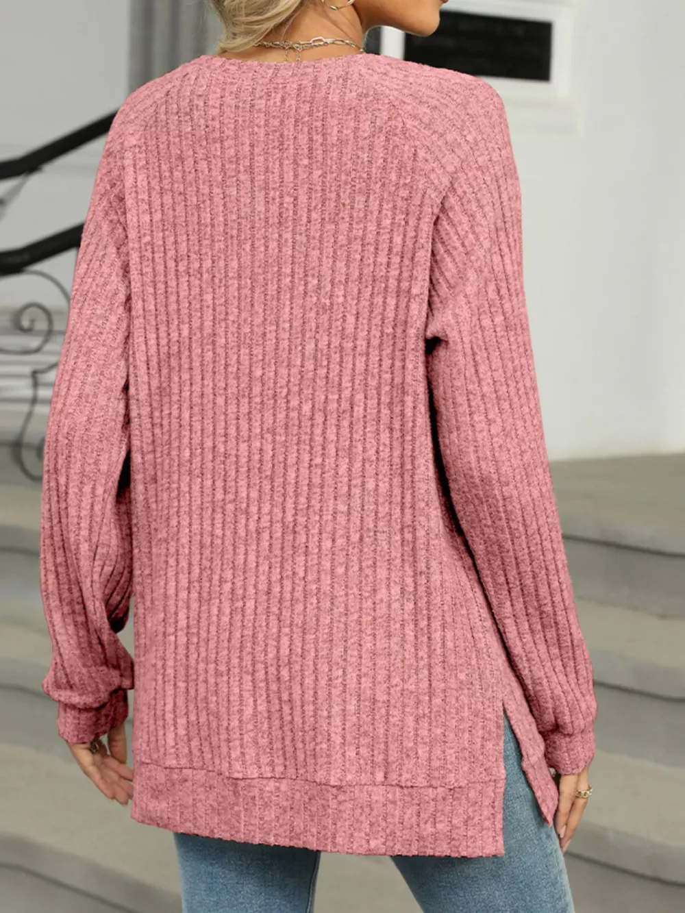 Round Neck Side Slit Ribbed Knit Top with Asymmetric Button Detail, image 29