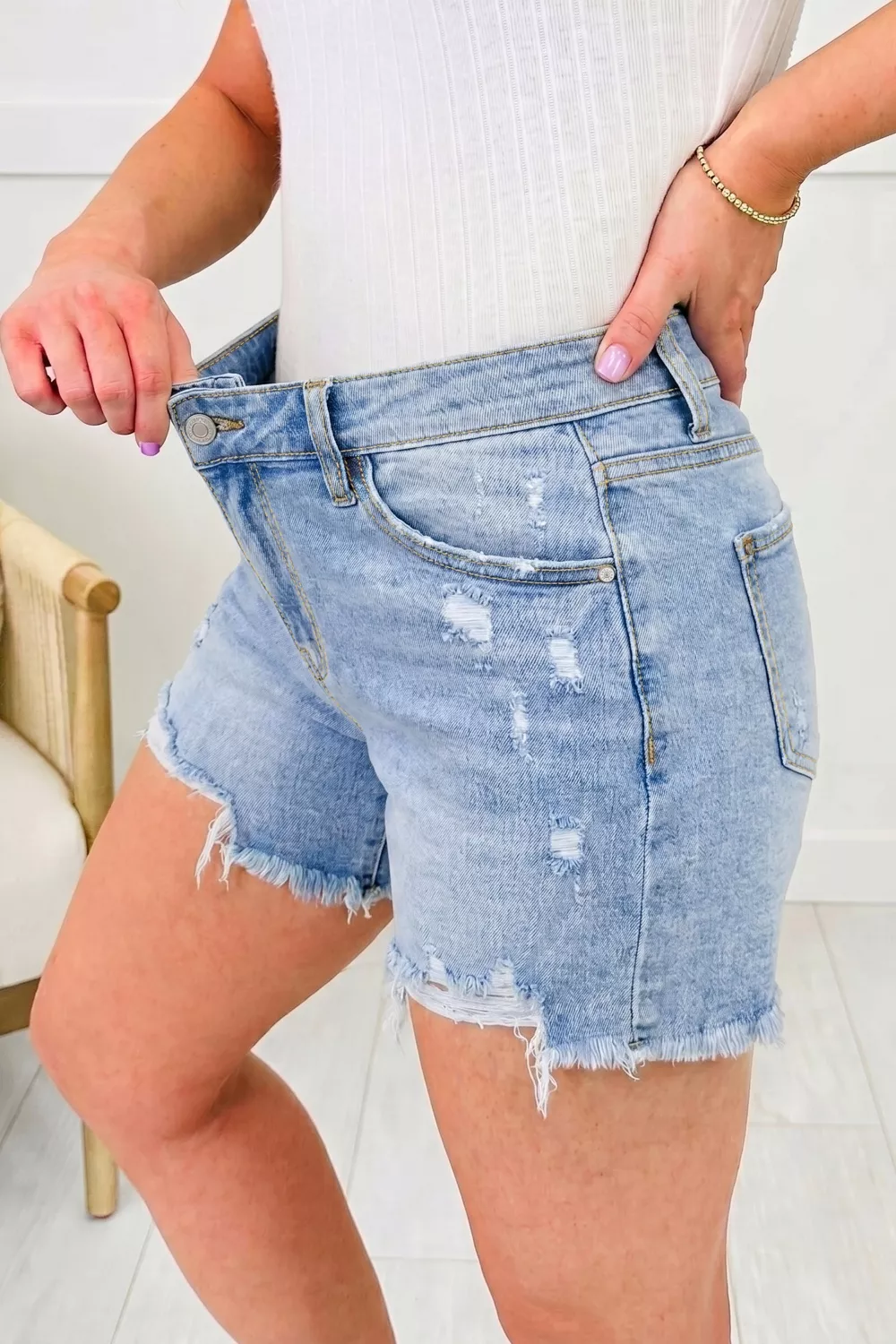 Asymmetric Raw Hem Distressed Whiskery Denim Shorts, image 4