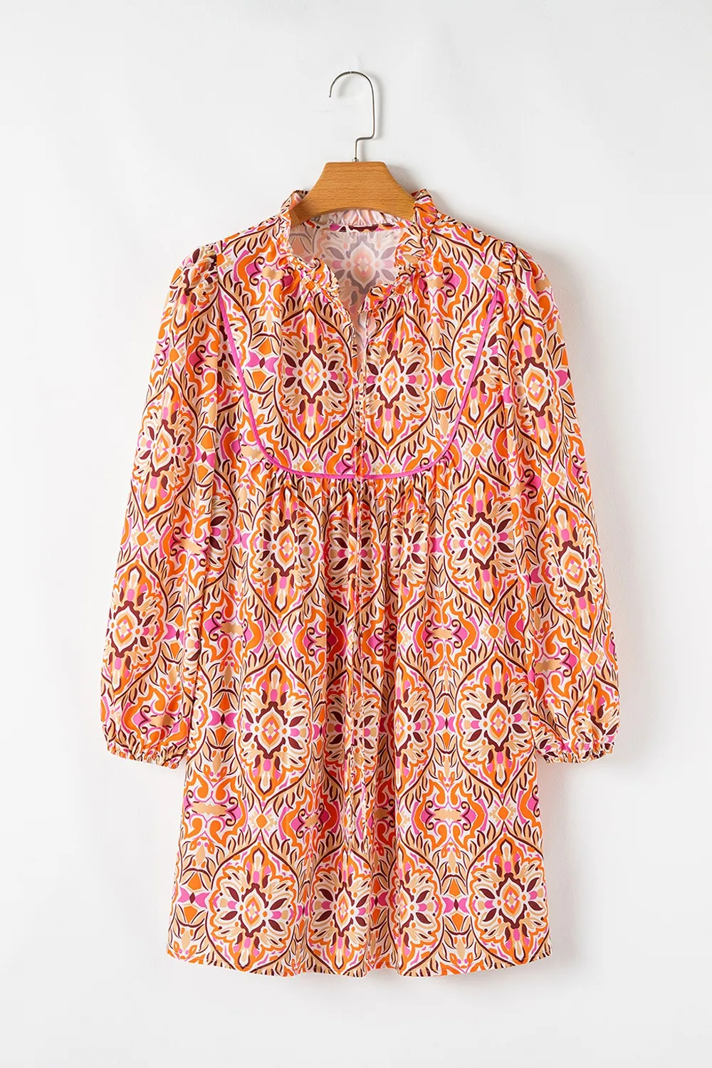 Printed Tie Neck Long Sleeve Mini Dress, image 10