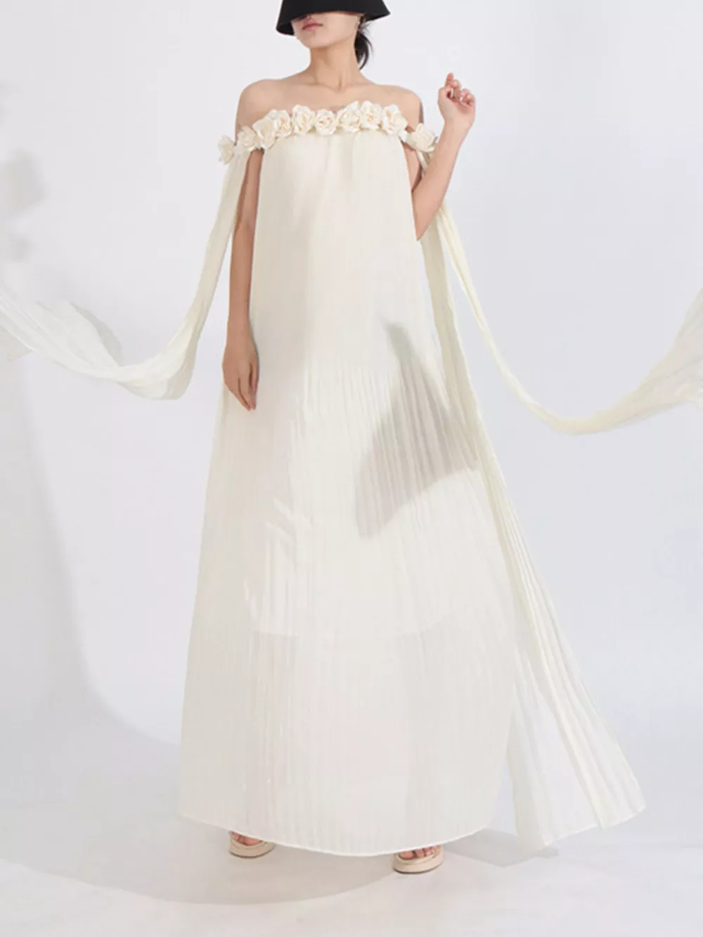 Off-Shoulder Floral Pleated Maxi Dress, image 2