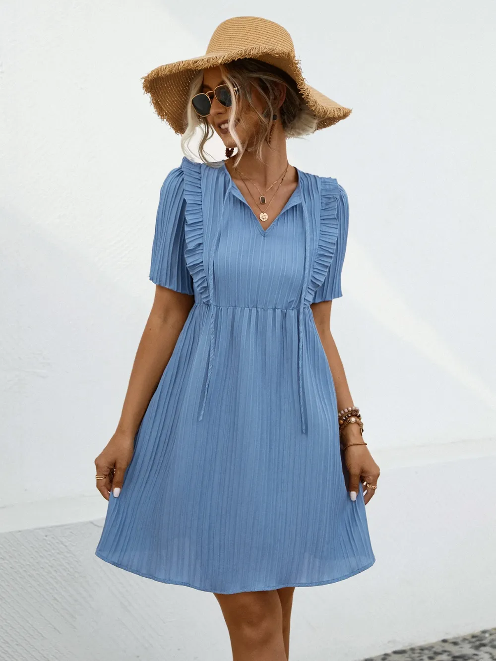 Tie Neck Short Sleeve Mini Dress, image 10
