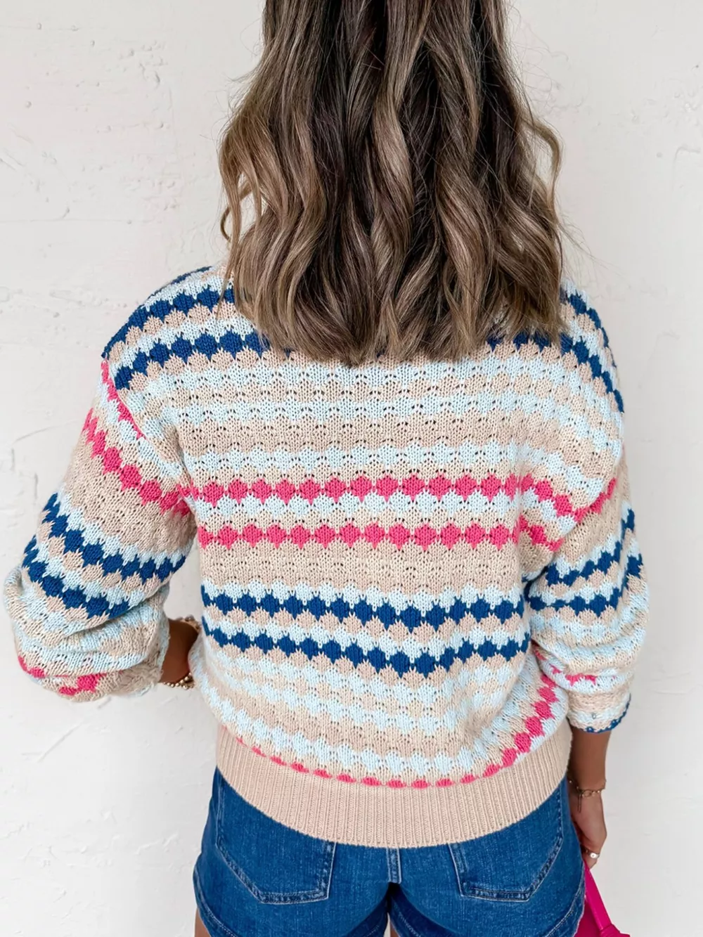 Stripe Eyelet Patterned Drop Shoulder Sweater, image 4