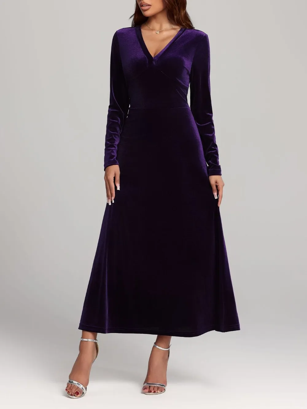 V-Neck Long Sleeve Velvet Dress, image 3