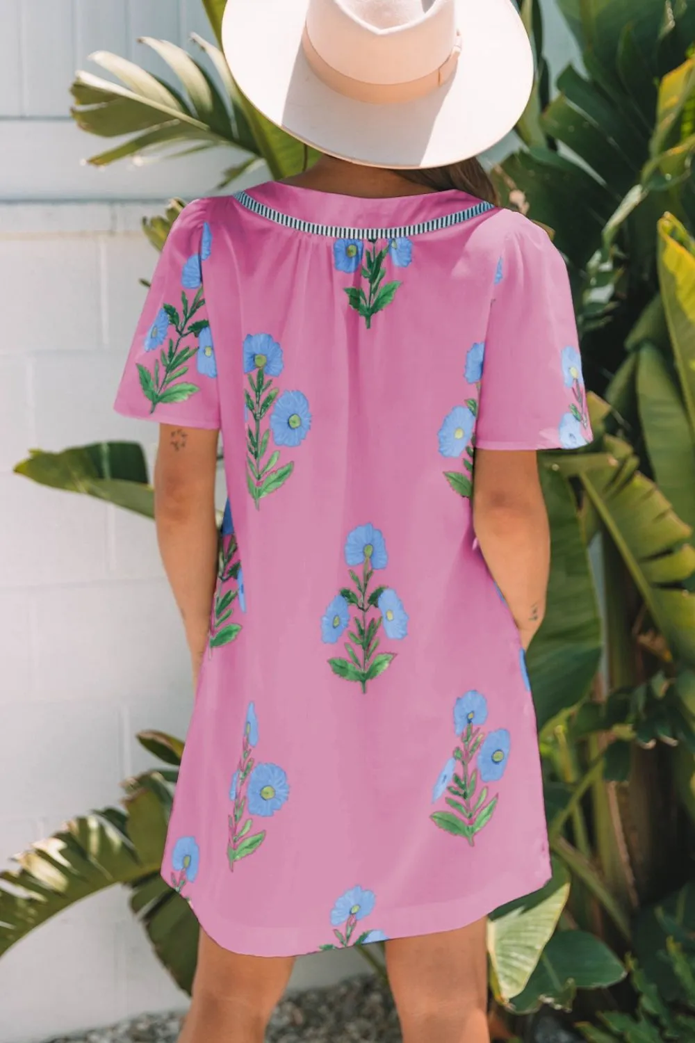 Floral Notched Summer Mini Dress with Striped Trim, image 7