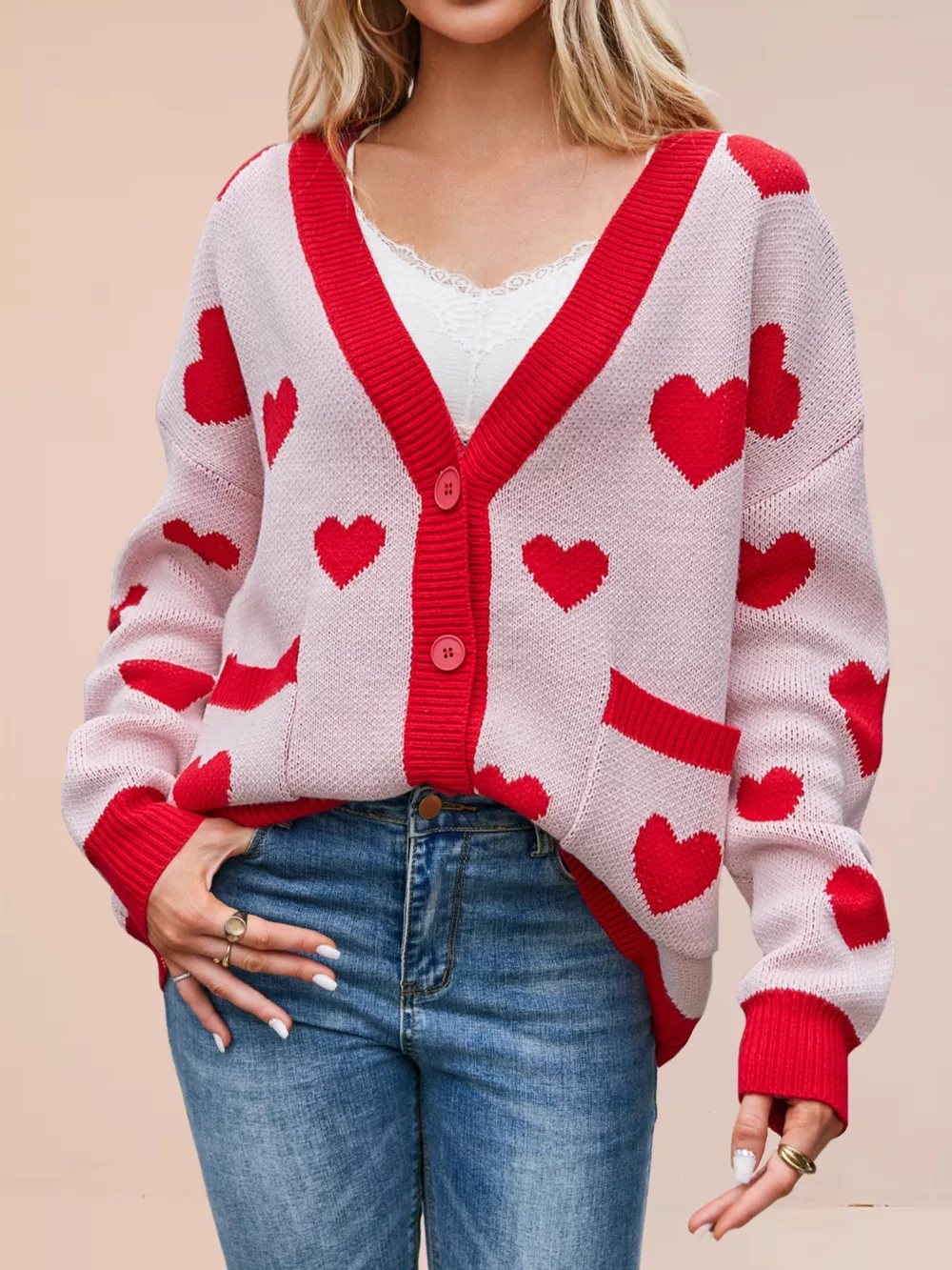 Heart Pattern Button-Up Knit Cardigan, image 4