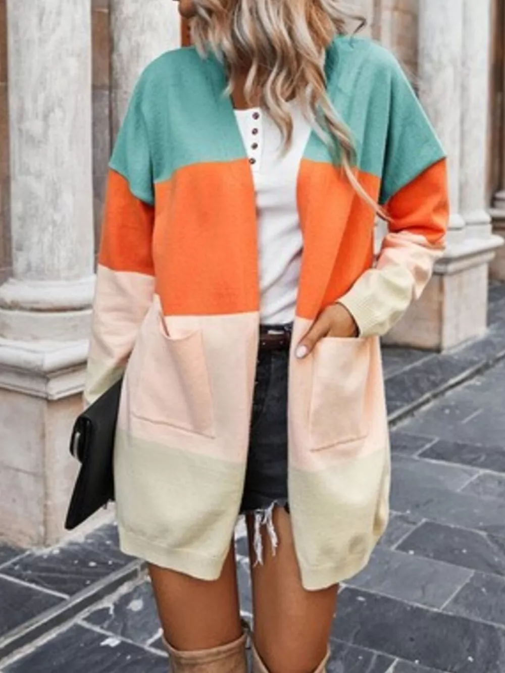 Color-Block Open Front Knit Cardigan
