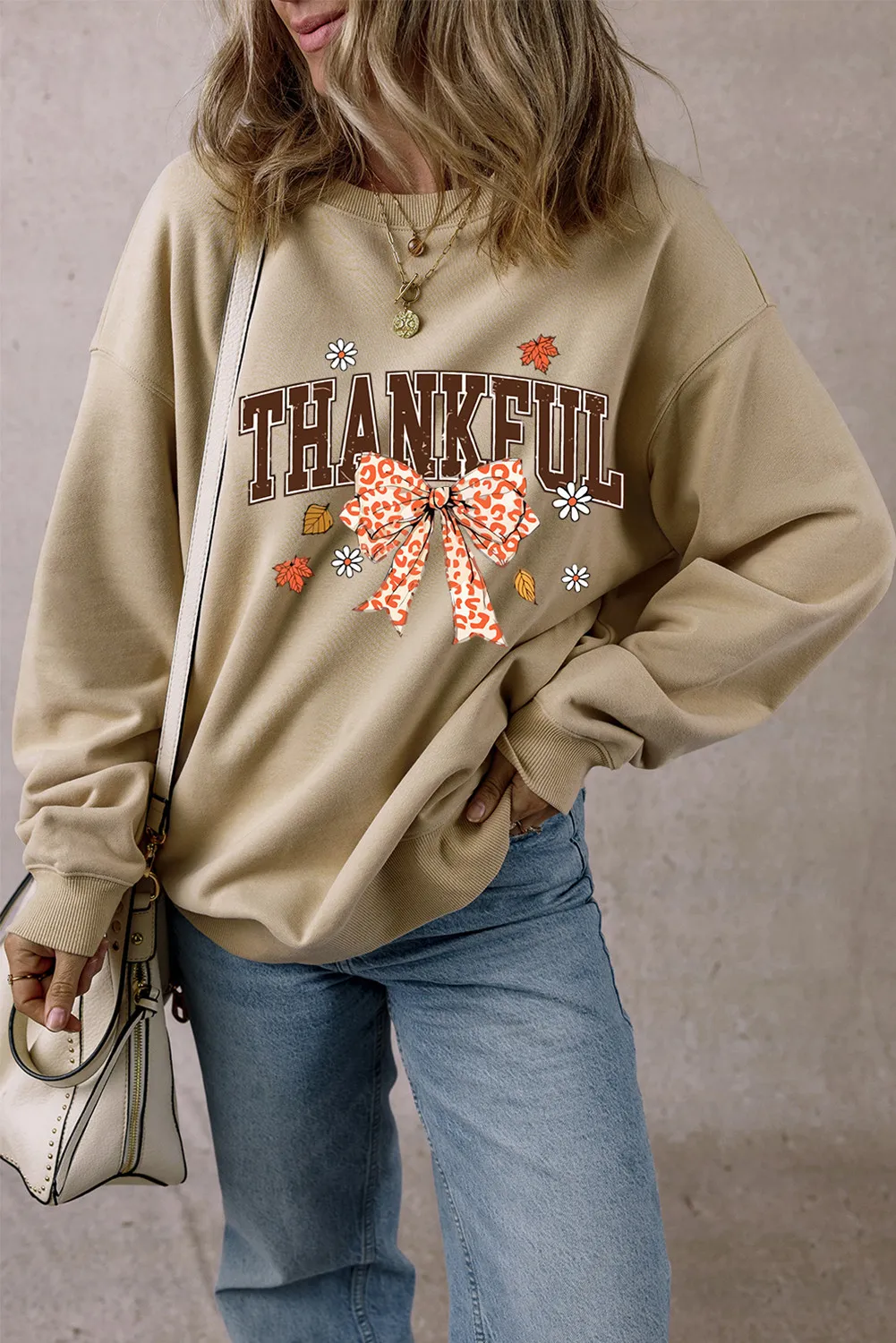 THANKFUL Bow Round Neck Long Sleeve Sweatshirt, image 5