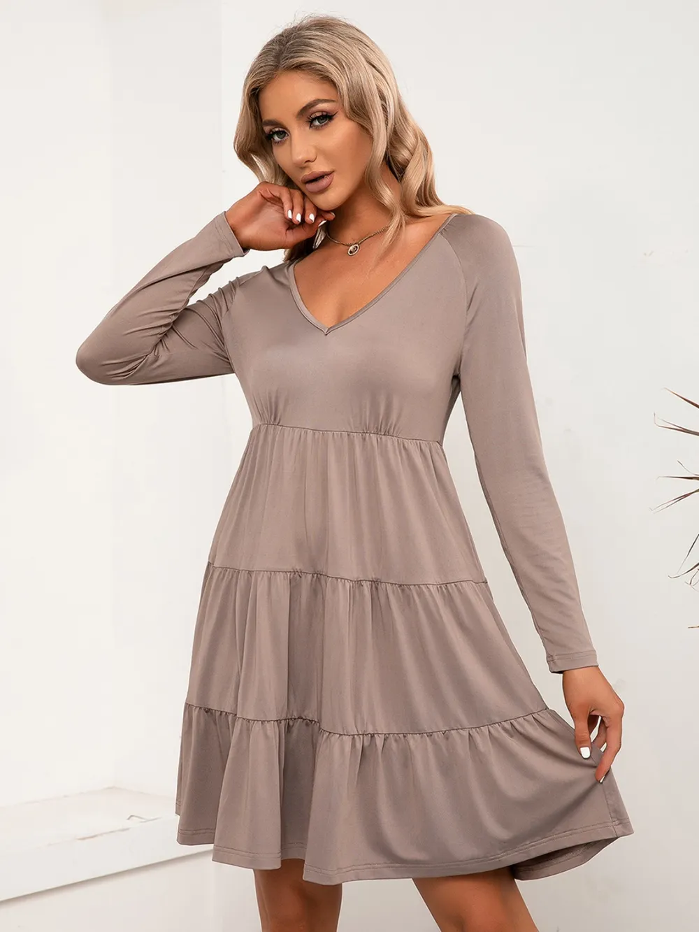 V-Neck Long Sleeve Tiered Dress, image 5