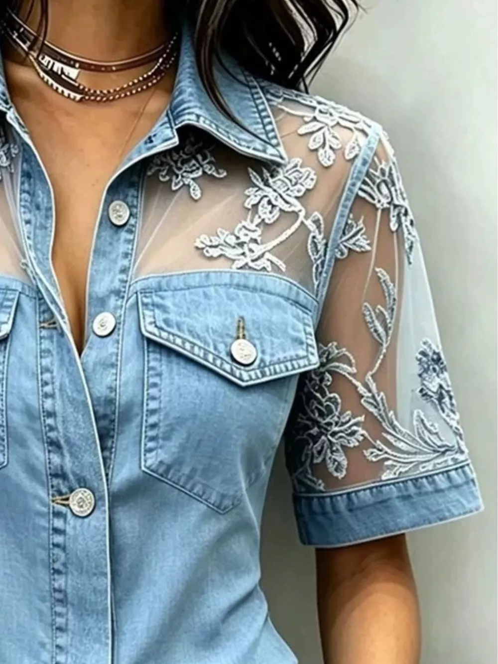 Full Size Denim Look Lace Short Sleeve Shirt Plus Size, image 2