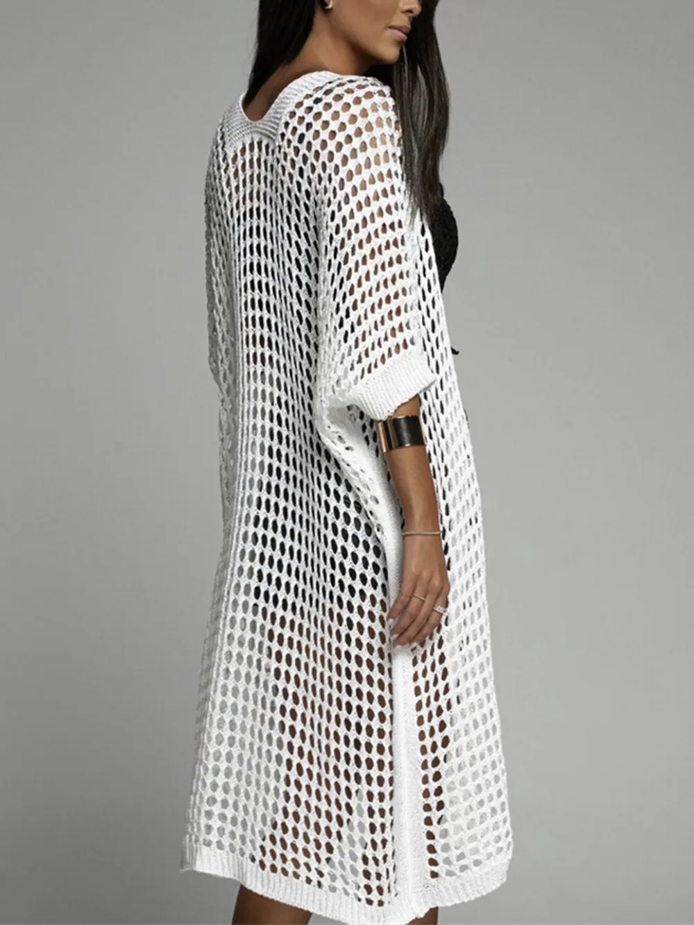 Openwork Open Front Three-Quarter Sleeve Cover Up, image 13