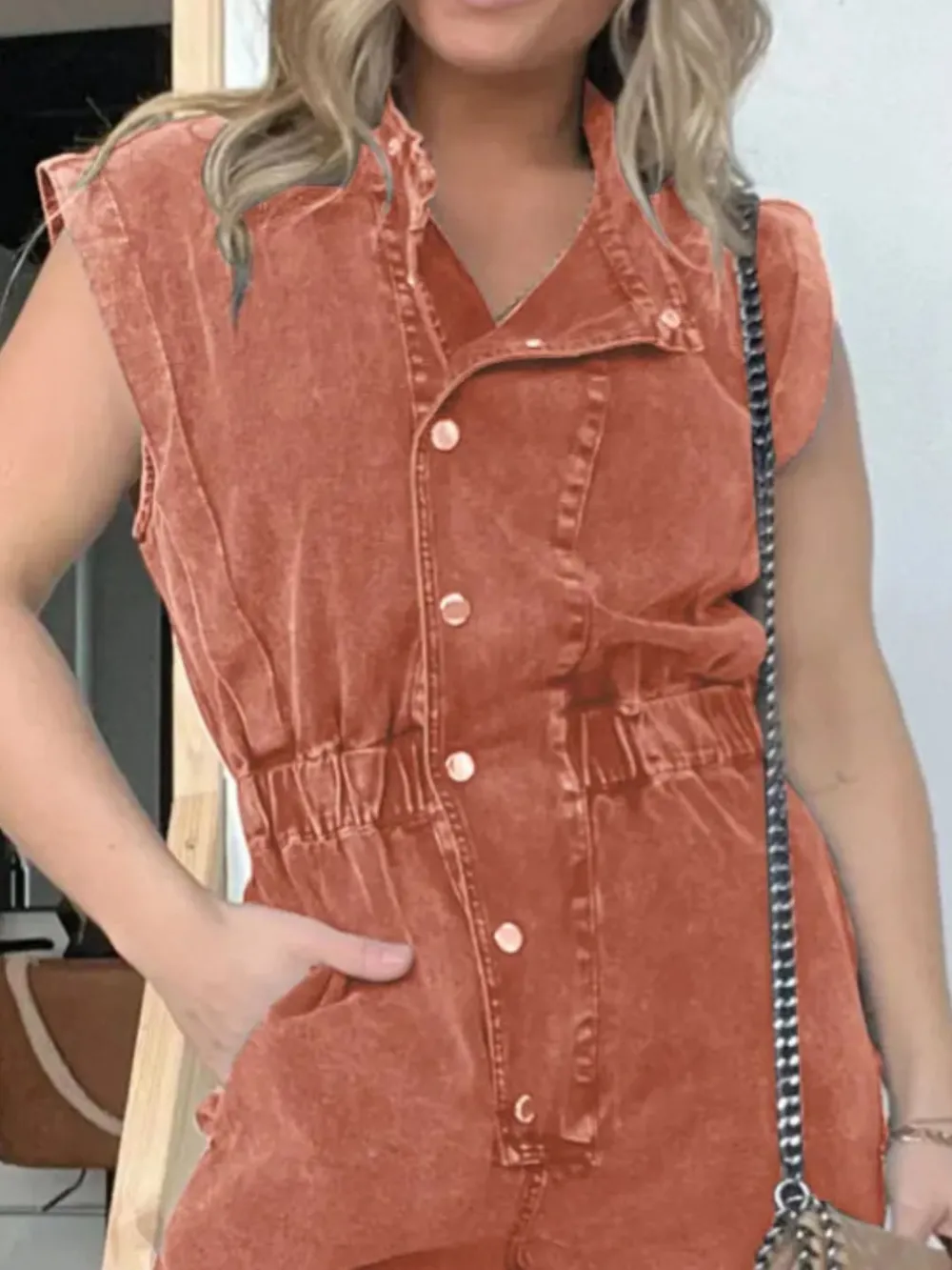 Full Size Button Front Cap Sleeve Denim Jumpsuit Plus Size, image 10
