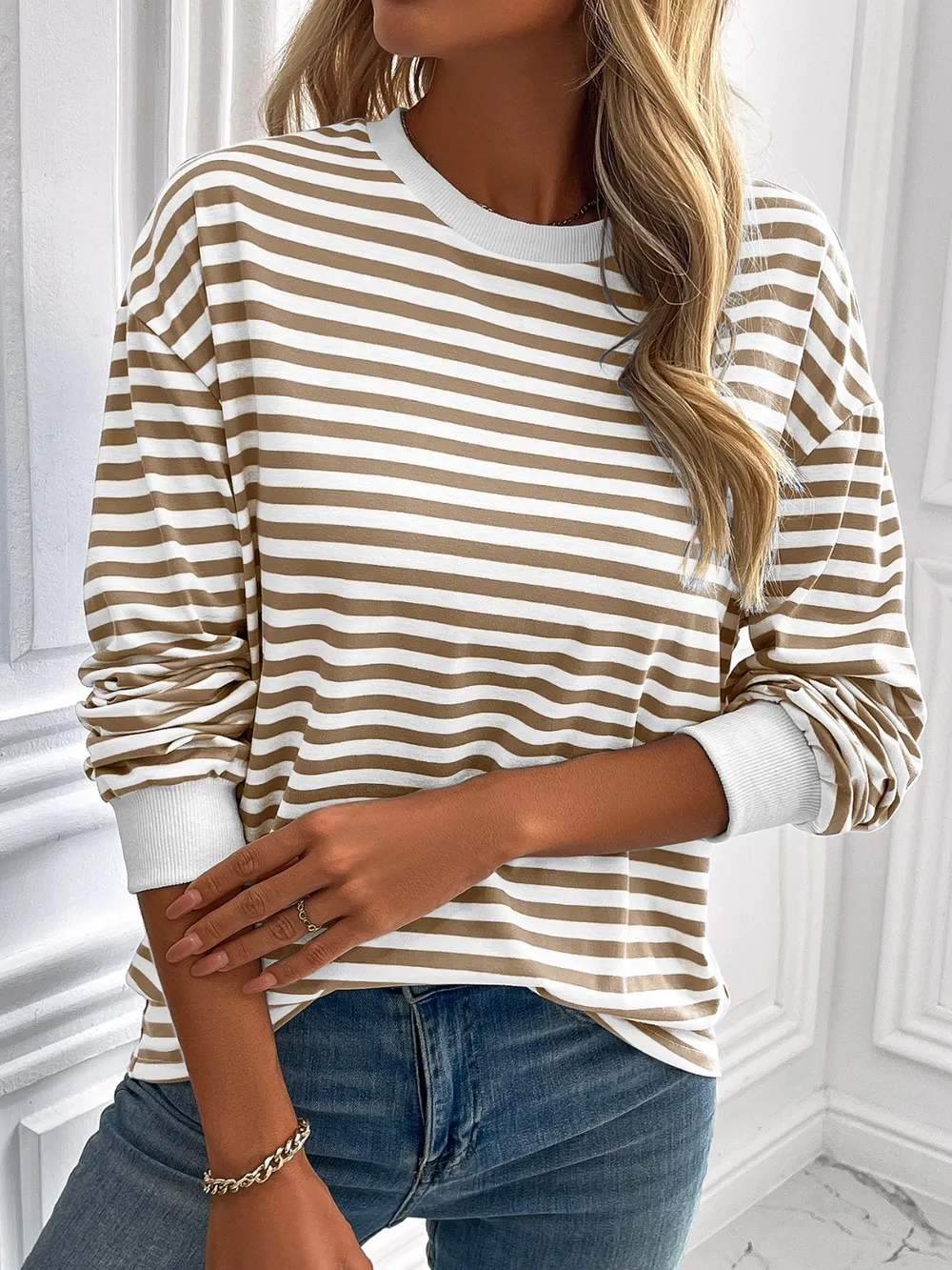 Striped Round Neck Long Sleeve Sweatshirt, image 22