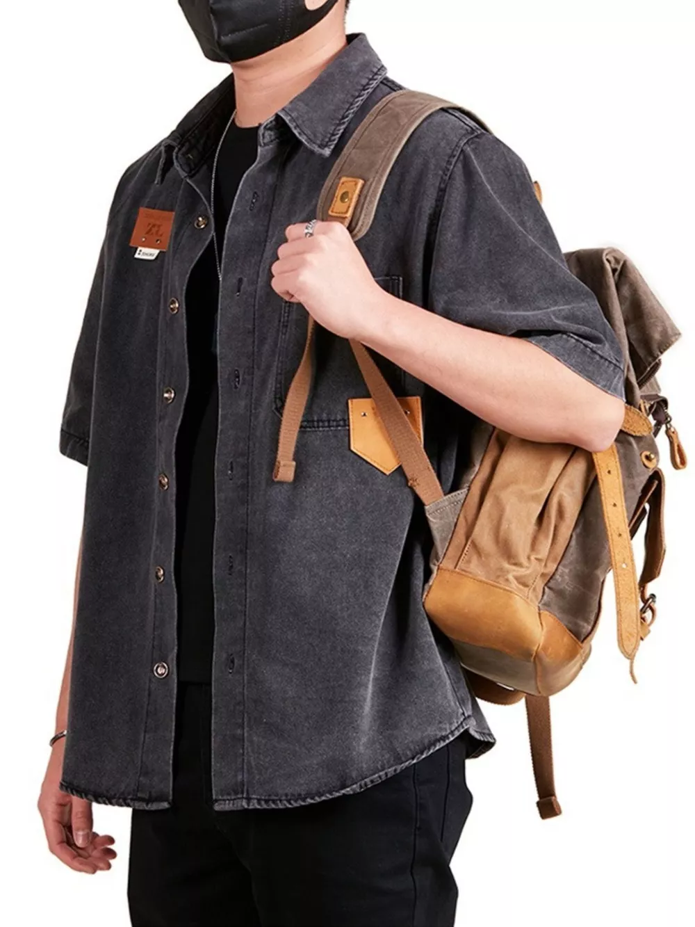 Men's Plus Size Button Up Half Sleeve Denim Shirt, image 3