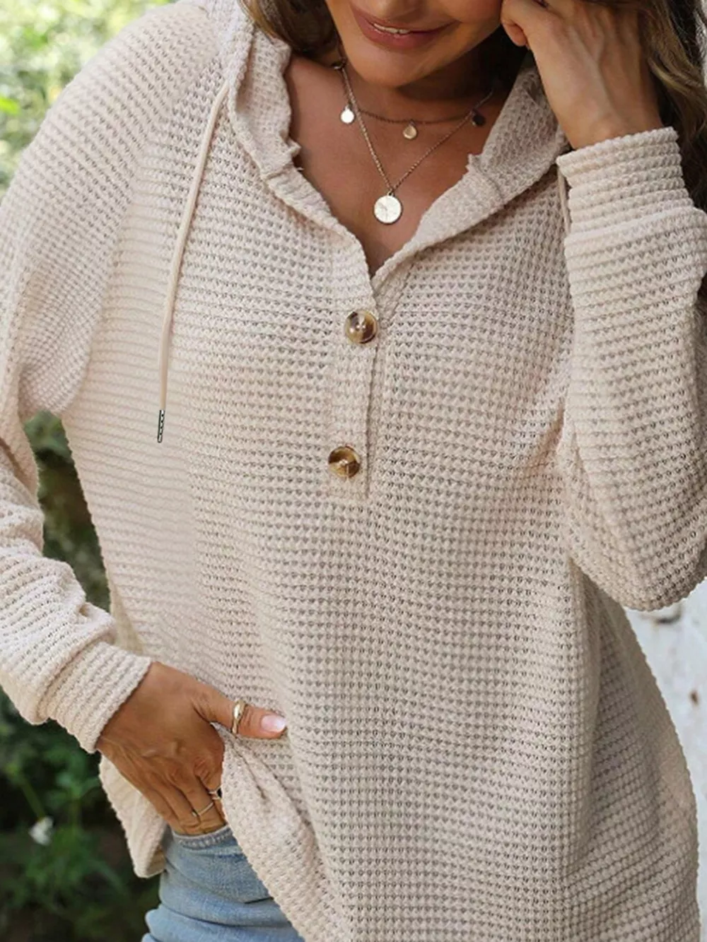 Casual Waffle Knit Button Detail Hoodie, image 9