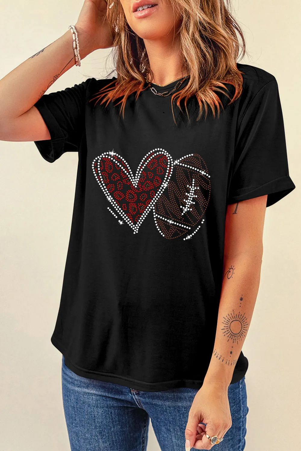 Rhinestone Round Neck Short Sleeve T-Shirt, image 3