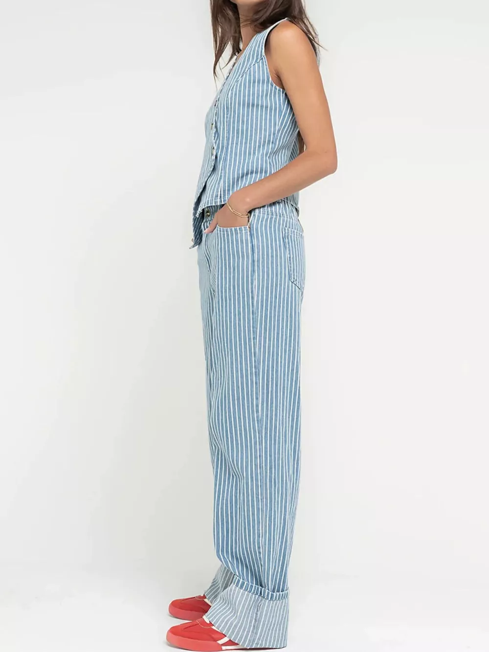 Striped Button Up Sleeveless Top and Jeans Denim Set, image 2