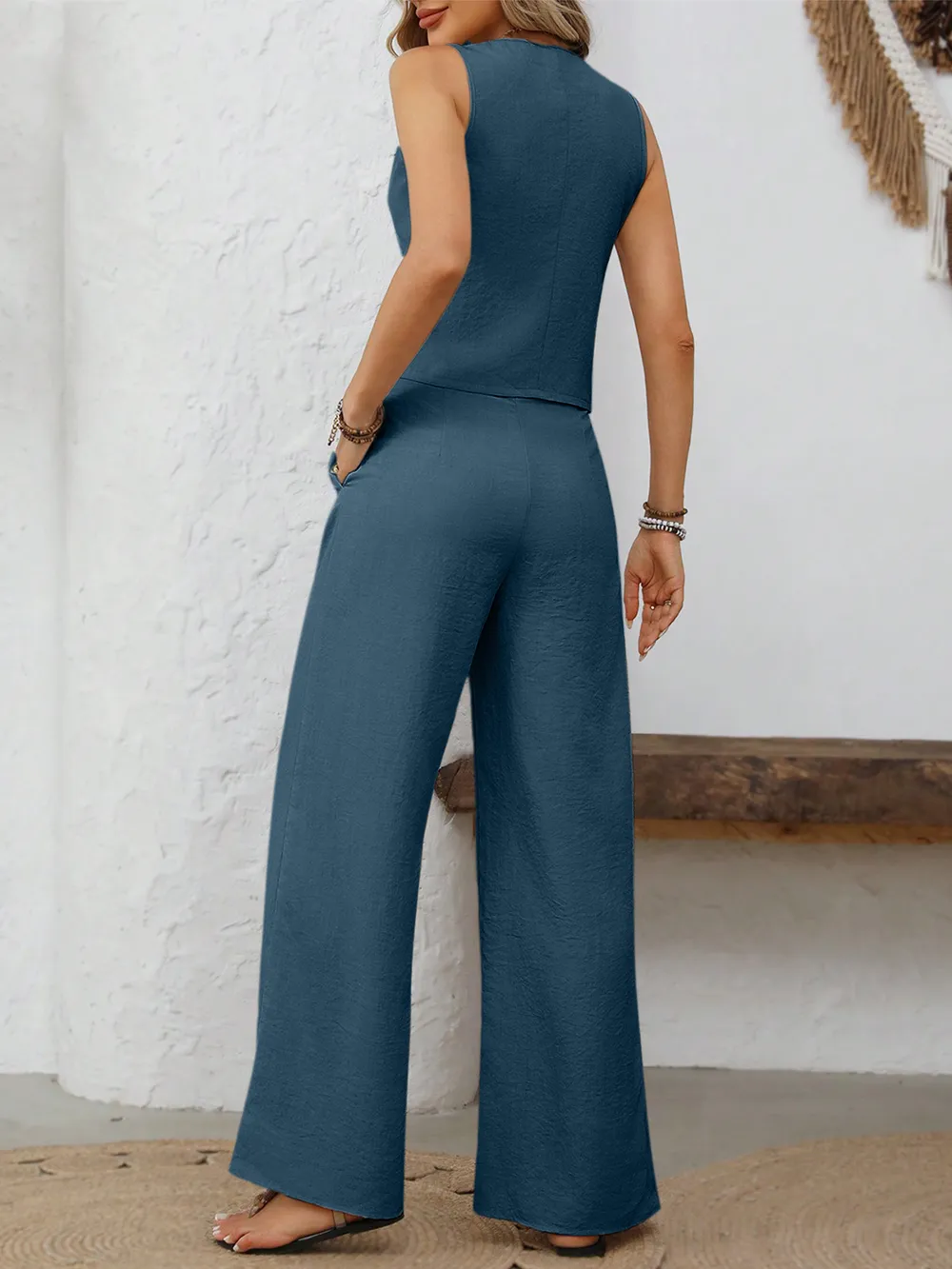V-Neck Button Down Vest and Wide Leg Pants Set, image 8