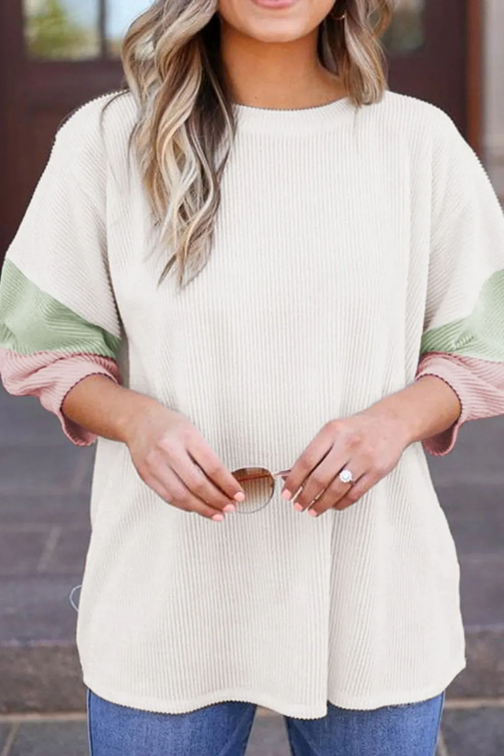 Color Block Ribbed Knit Three-Quarter Sleeve Top, image 7