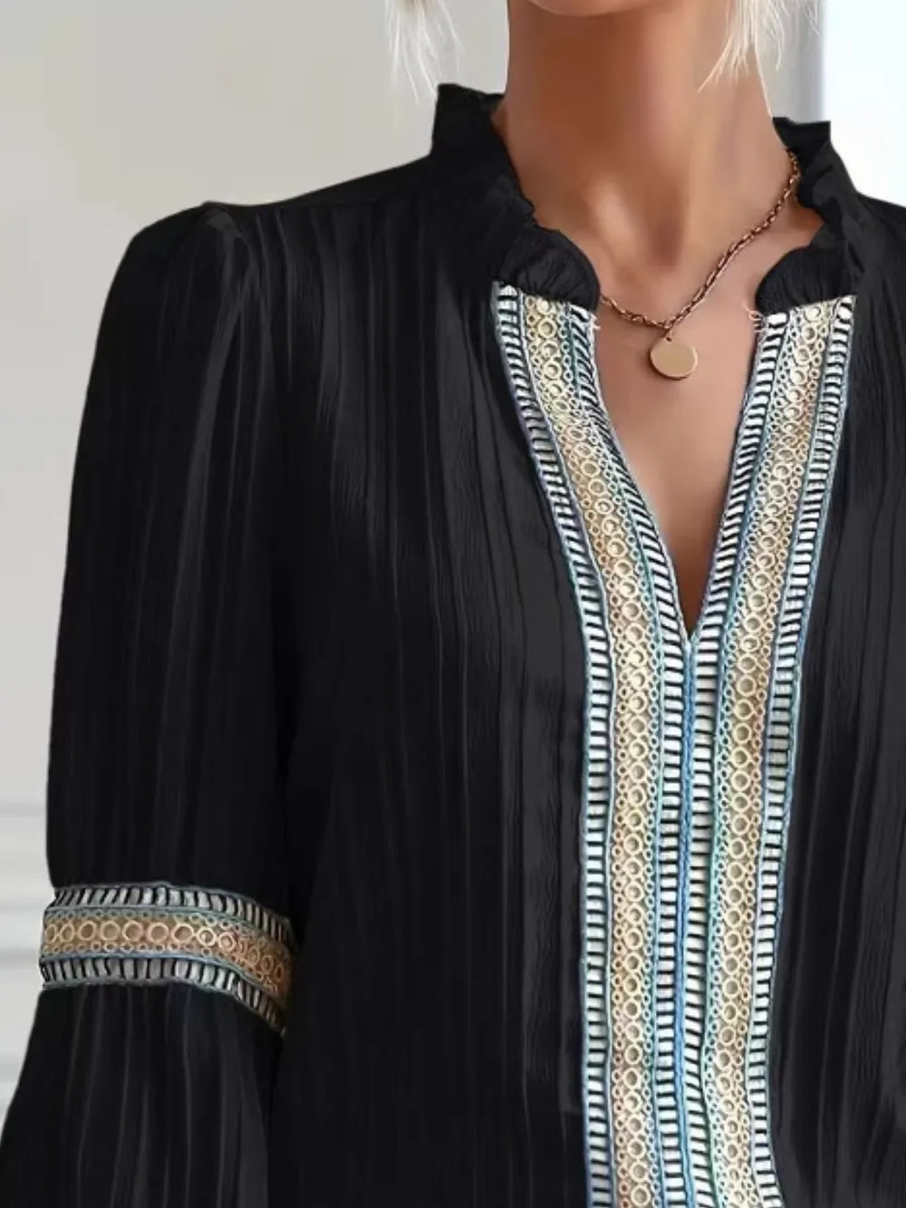 Notched Textured Balloon Sleeve Blouse, image 6