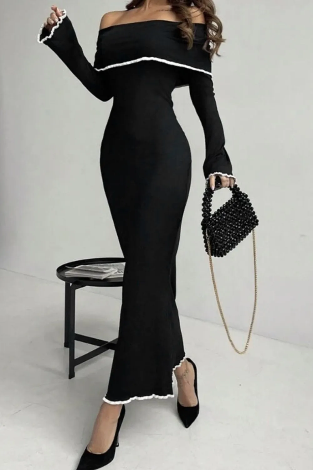Contrast Trim Off-Shoulder Long Sleeve Maxi Sweater Dress, image 5