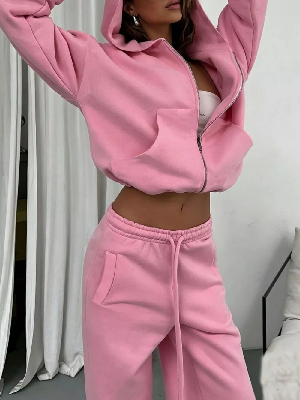 Casual Zip-Up Hoodie and Wide-Leg Sweatpants Set, image 14