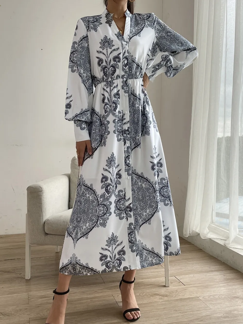Printed Notched Lantern Sleeve Midi Dress, image 7