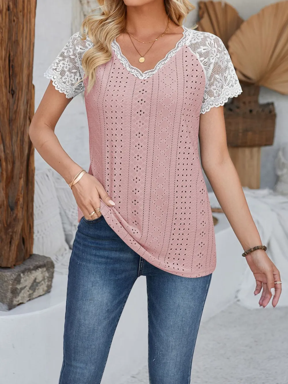 Eyelet Lace Detail V-Neck Short Sleeve Top, image 4
