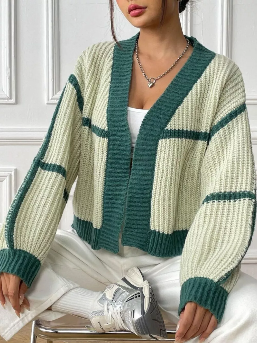 Color-Block Ribbed Knit Open-Front Cropped Cardigan, image 13