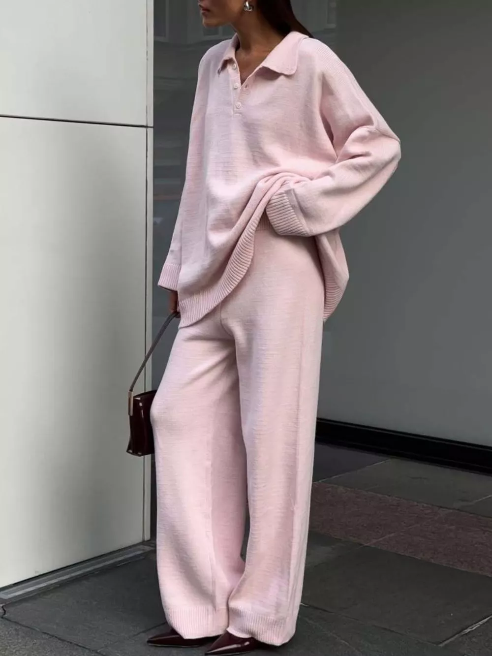 Polo Collar Top and Wide Leg Pants Knit Set, image 4