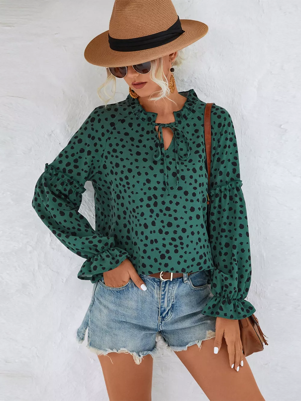 Animal Print Tie Neck Flounce Sleeve Blouse
