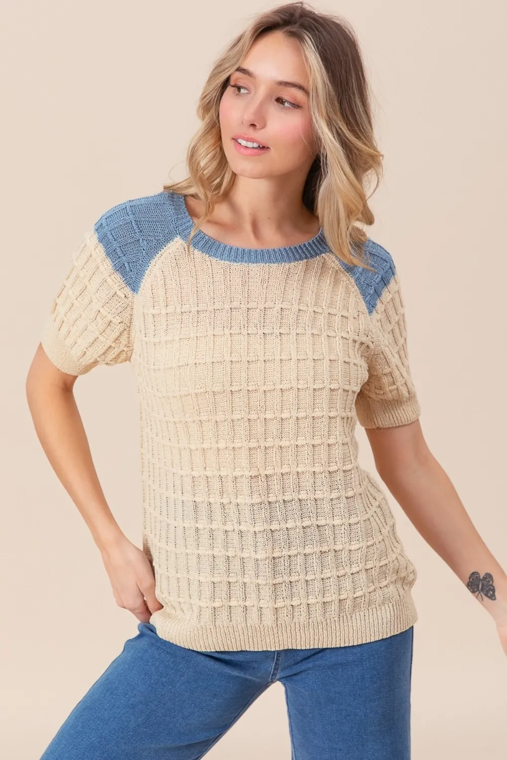 Textured Contrast Short Sleeve Sweater, image 3