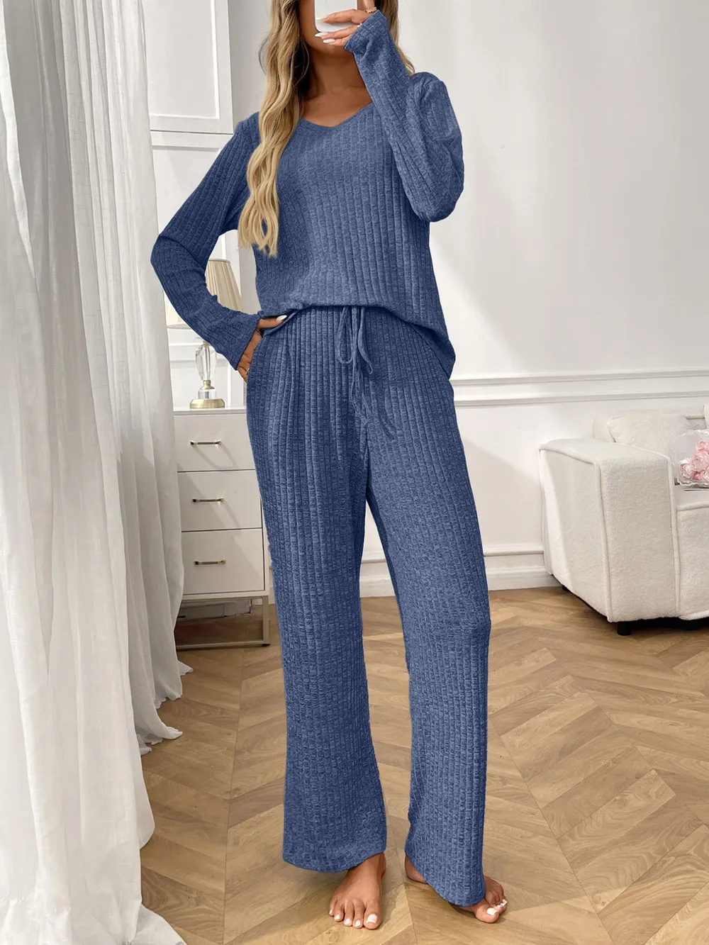 Ribbed Long Sleeve Top and Pants Lounge Set, image 4