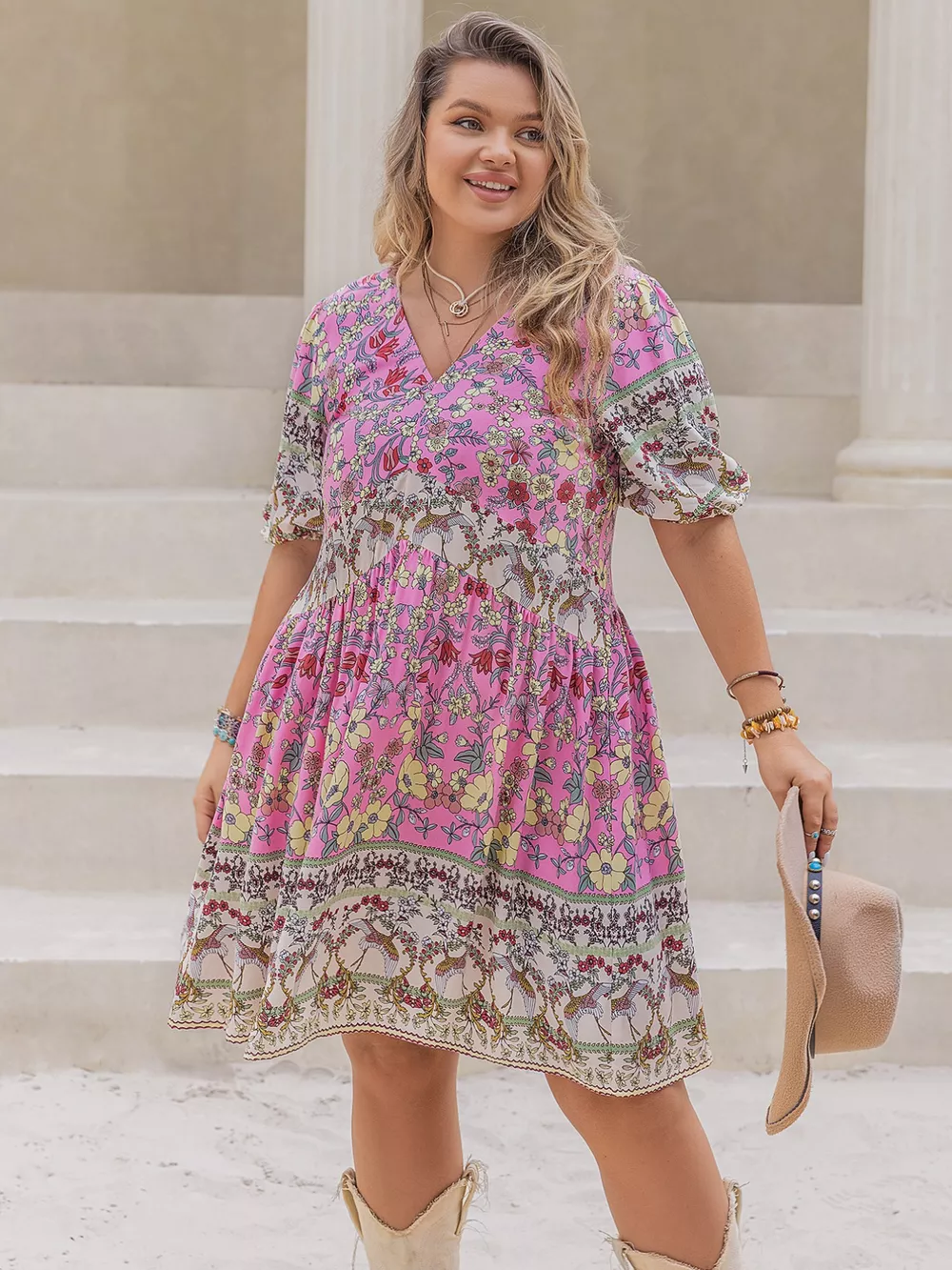 Plus Size Floral Print V-Neck Puff Sleeve Summer Dress, image 6
