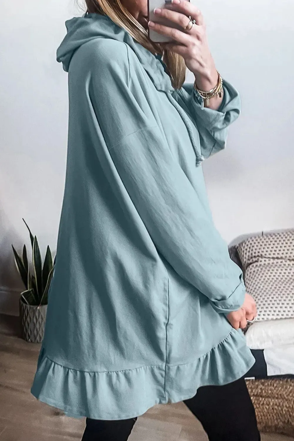 Drawstring Ruffled Dropped Shoulder Long Sleeve Hoodie, image 6