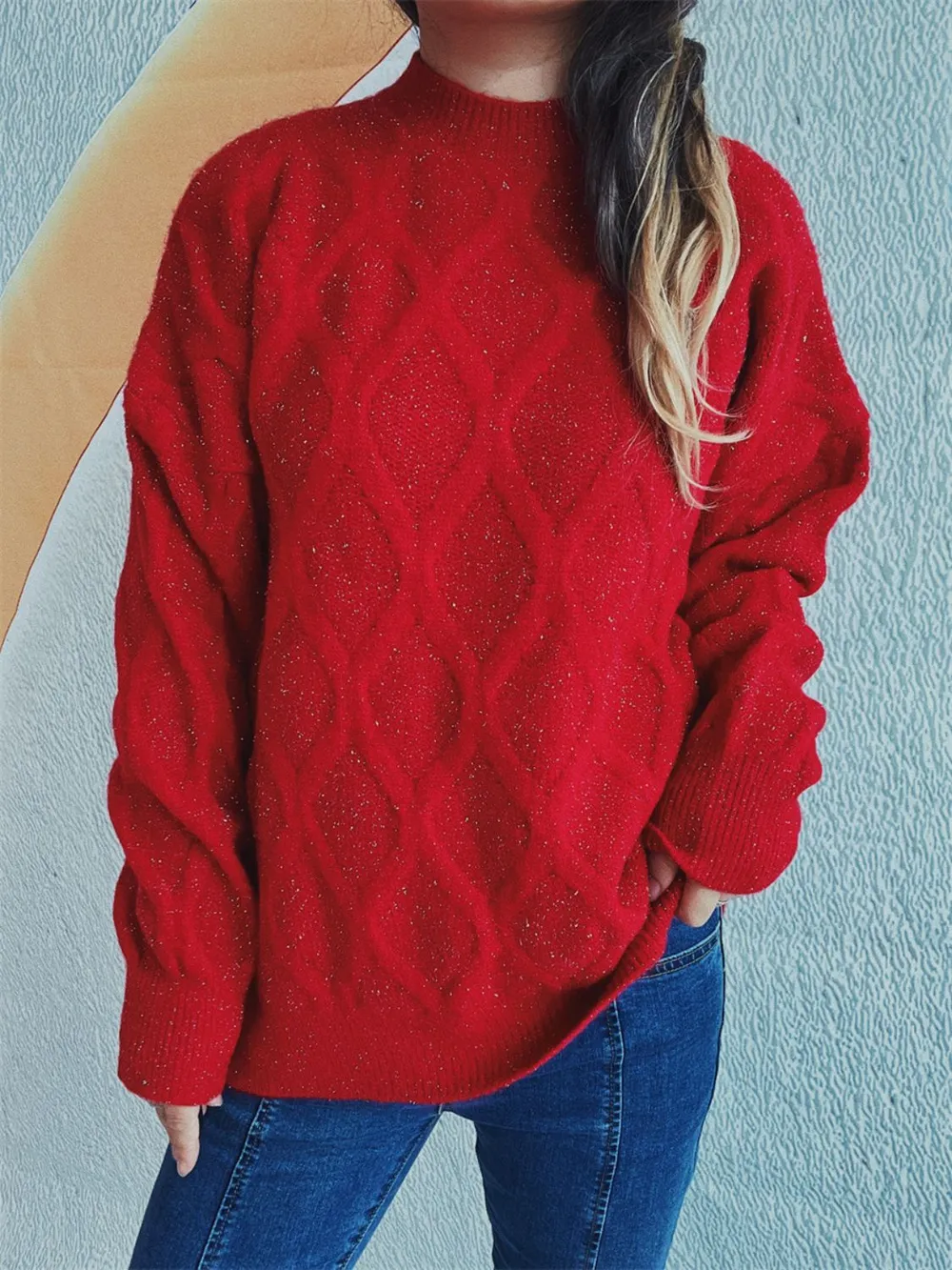 Diamond Round Neck Long Sleeve Sweater, image 22