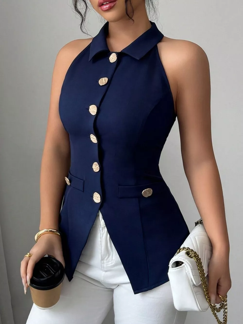Sleeveless Lapel Collar Button-Down Vest, image 4