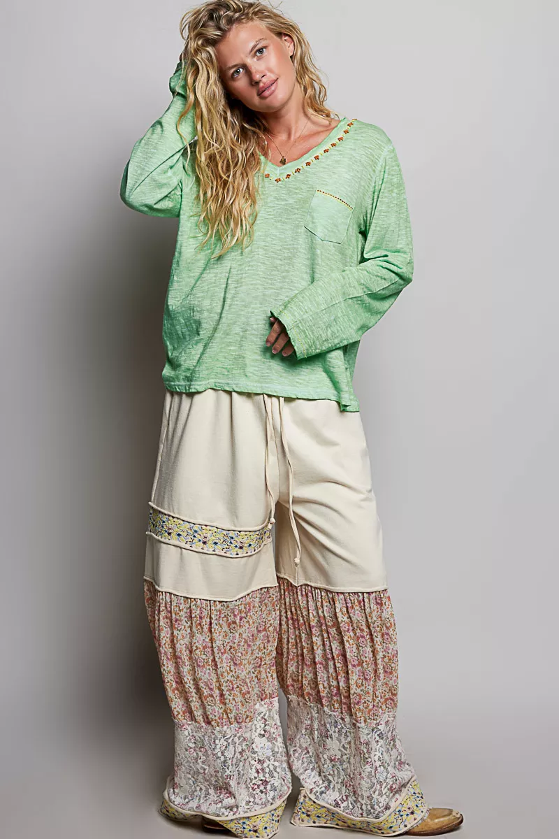 POL V-Neck Contrast Stitch Lightweight Knit Long Sleeve Top, image 4