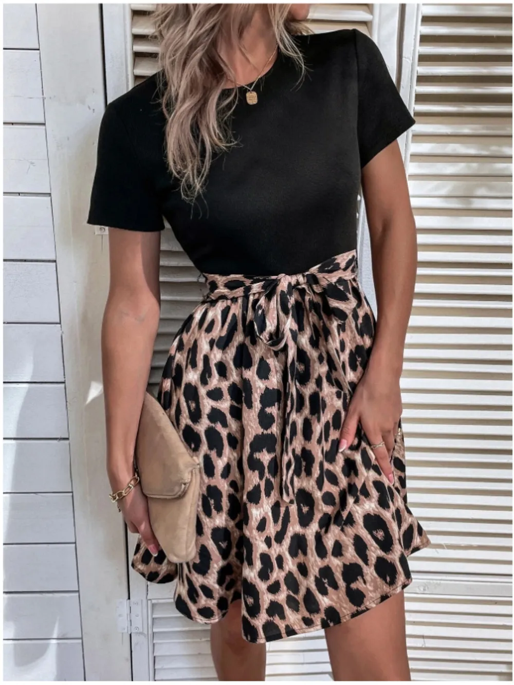 Tied Front Contrast Leopard Short Sleeve Mini Dress, image 10