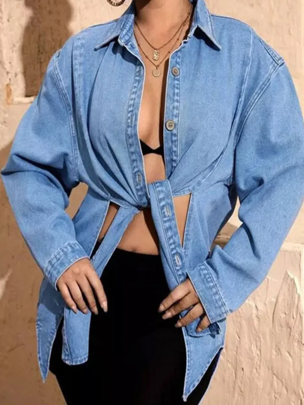 Slit Button Up Denim Shirt