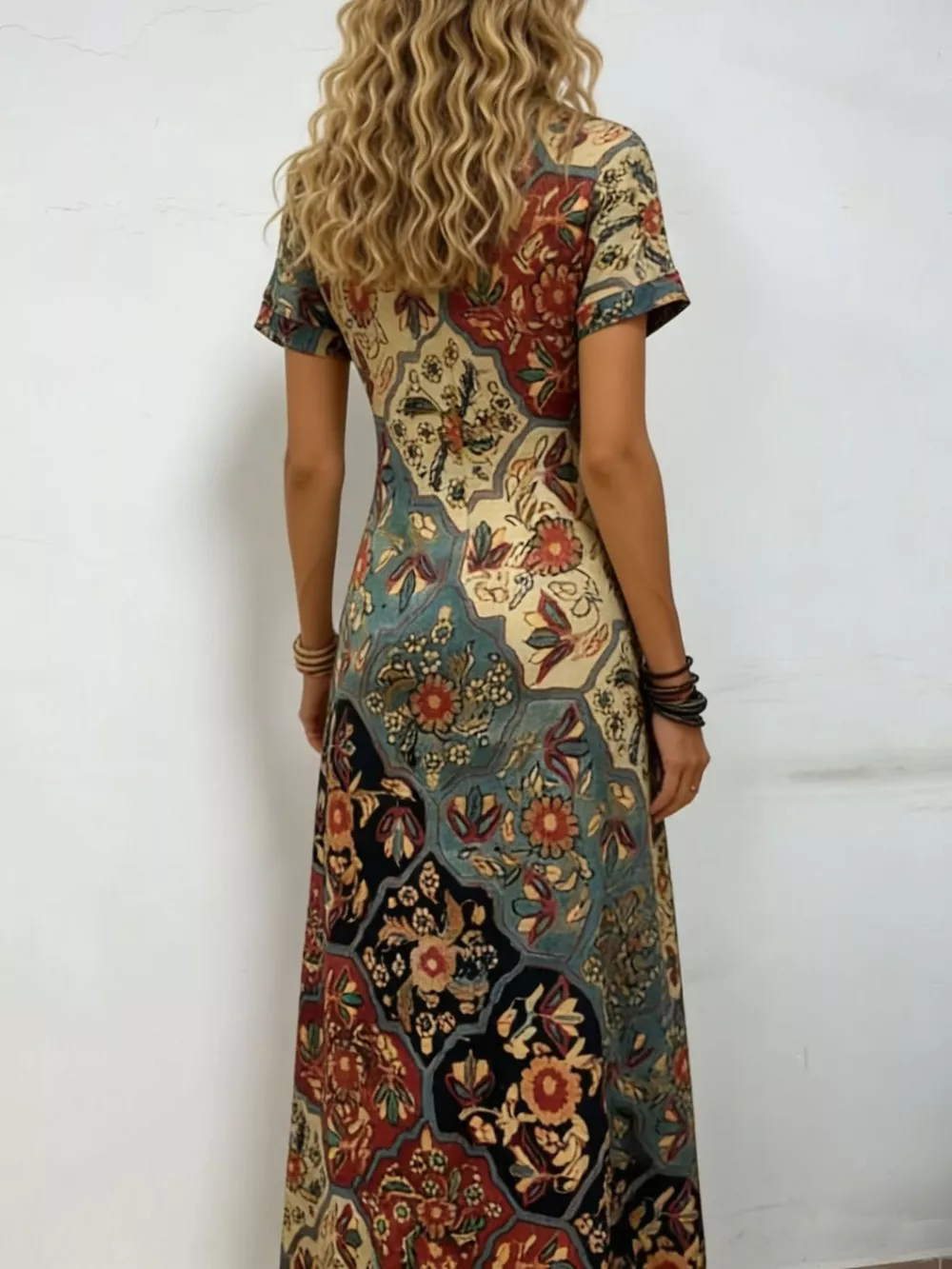 Printed V-Neck Short Sleeve Midi Dress, image 2