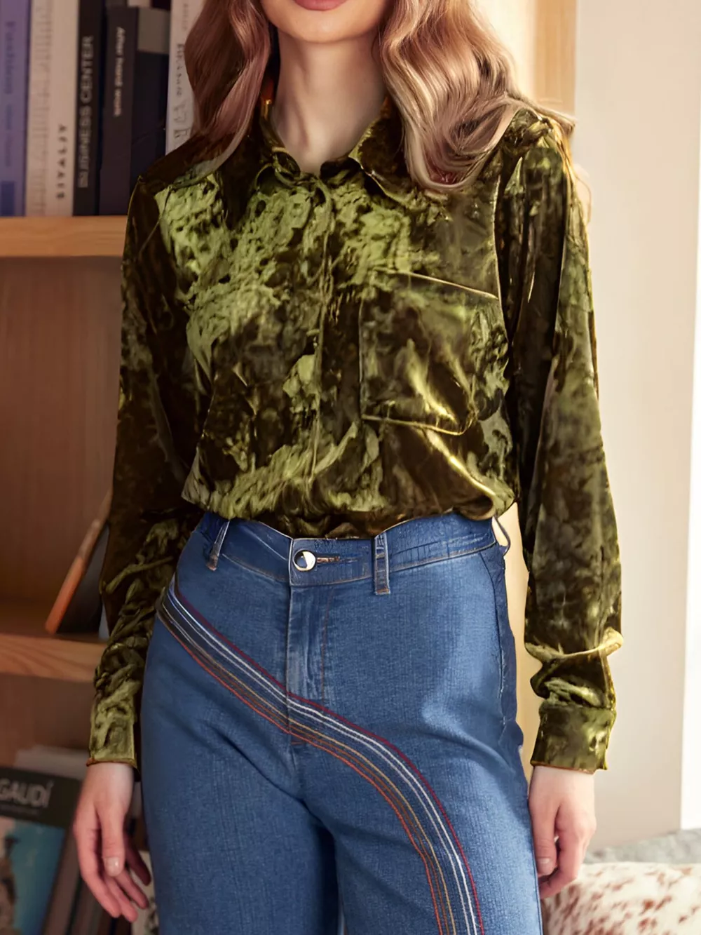 Velvet Button-Down Long Sleeve Shirt, image 2