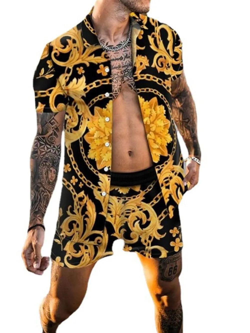 Men's Plus Size Printed Short Sleeve Shirt and Shorts Set, image 3