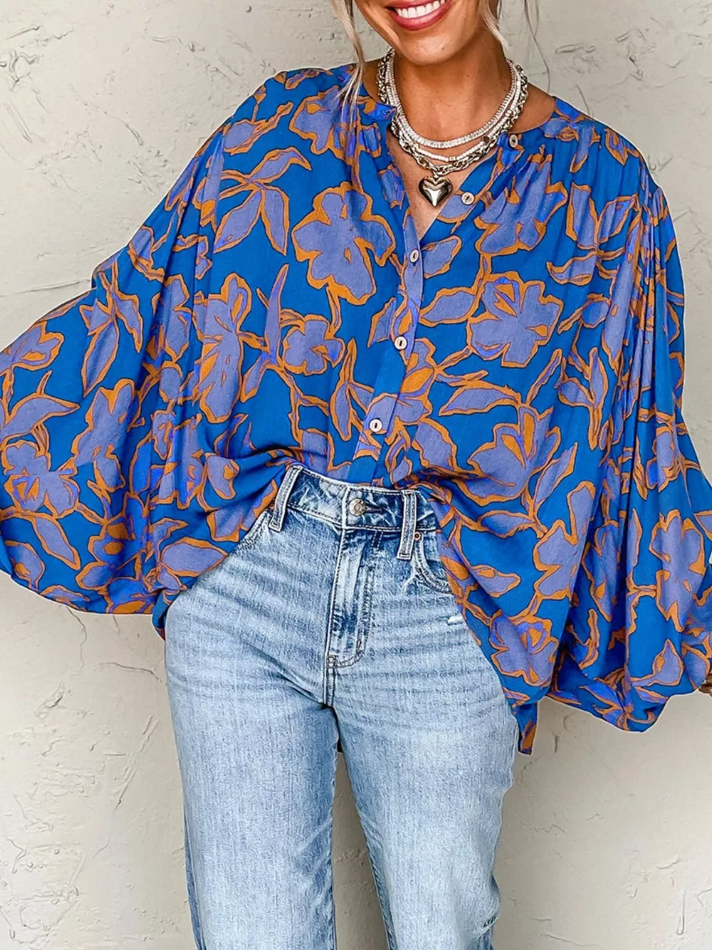 Floral Print Batwing Sleeve Buttoned Loose Fit Shirt, image 9