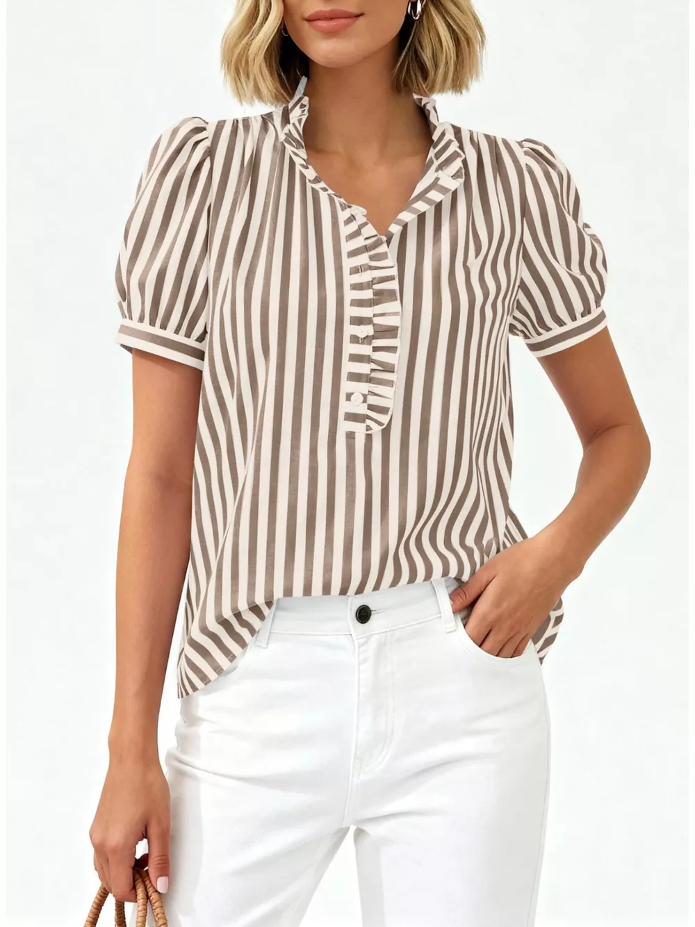 Frill Striped Puff Sleeve Blouse, image 5