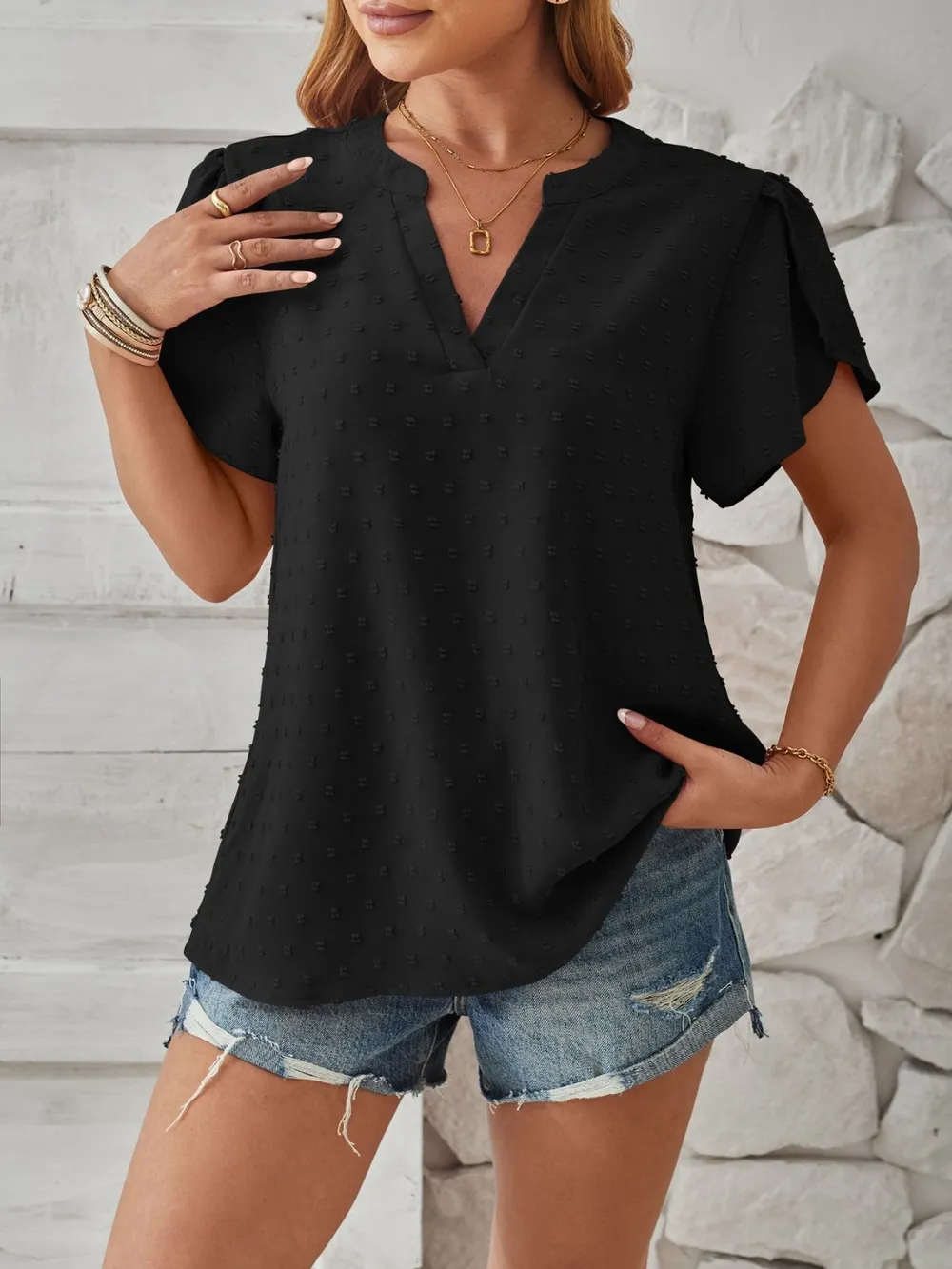 Swiss Dot Notched Petal Sleeve T-Shirt, image 3