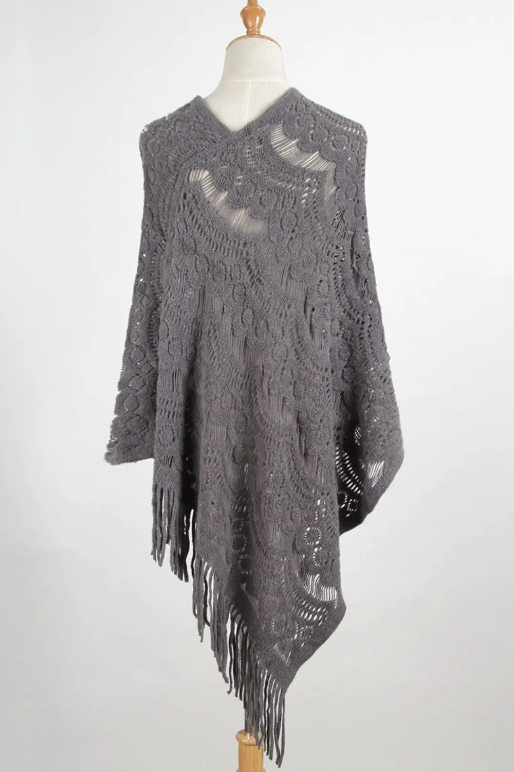 Fringe Openwork Surplice Cape Sleeve Poncho, image 5